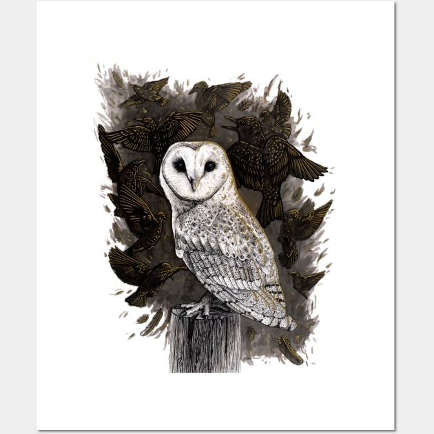 Barn Owl with Golden Starlings Wall Art by Warbler Creative